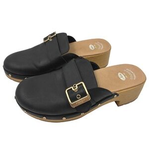 Dr Scholls Black Faux Leather Buckle Clog Mules Women Size 9M Chunky Heel Shoes
